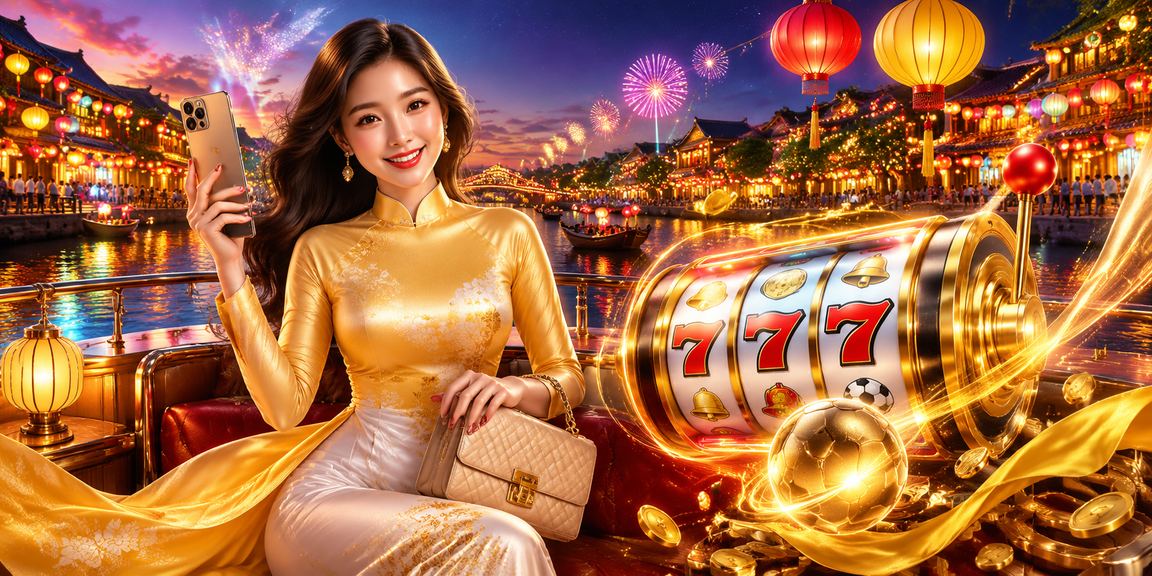 Người phụ nữ mặc áo dài tại Hội An tham gia xổ số trực tuyến